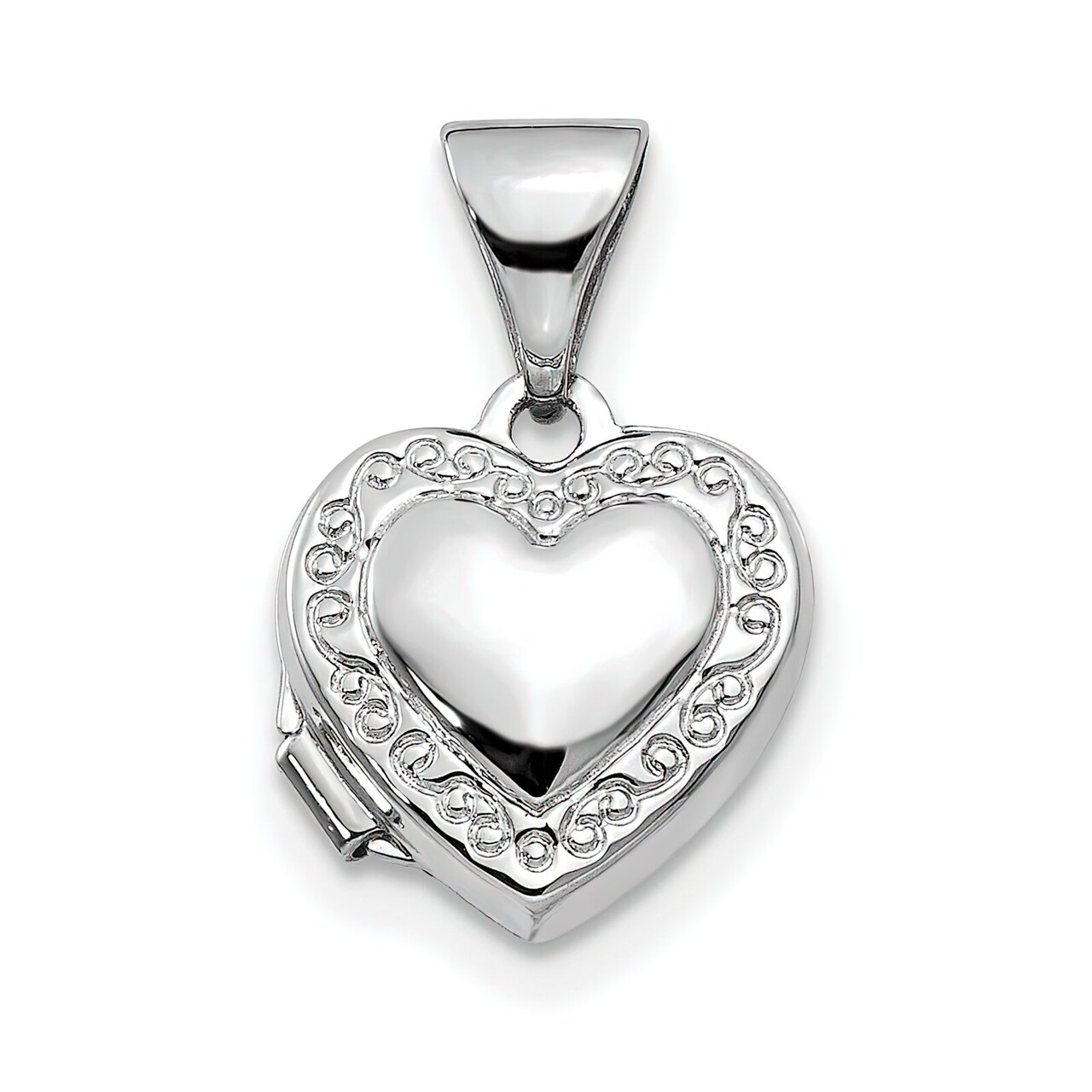 14K White Gold Scrolled Heart Locket Pendant Jewelry 15.8mm x 10.3mm